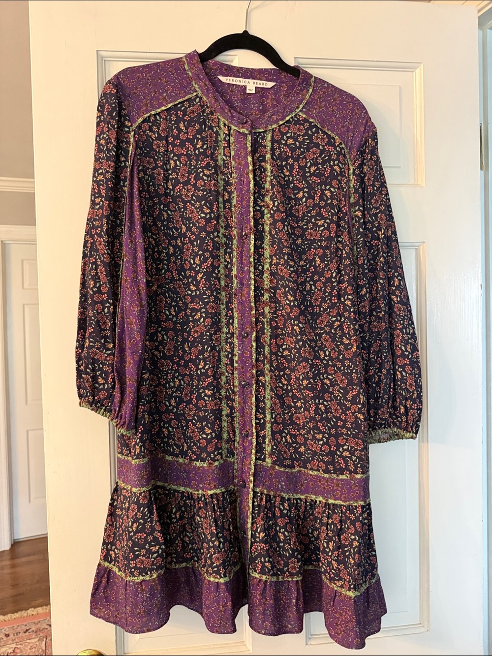 Veronica Beard Purple Floral Ruffled Hem Dress with Green Trim